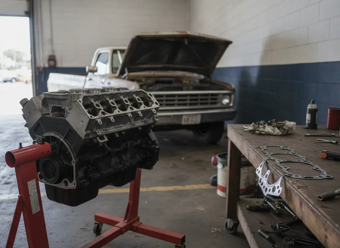 Gas V8 short block on an engine stand with the old head gasket on the bench