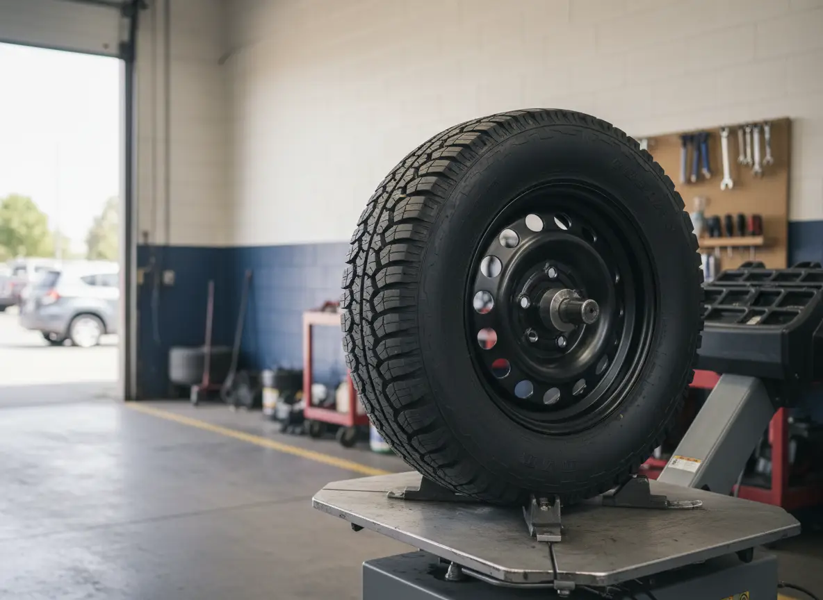 All-terrain tire on a steel wheel at the balancer